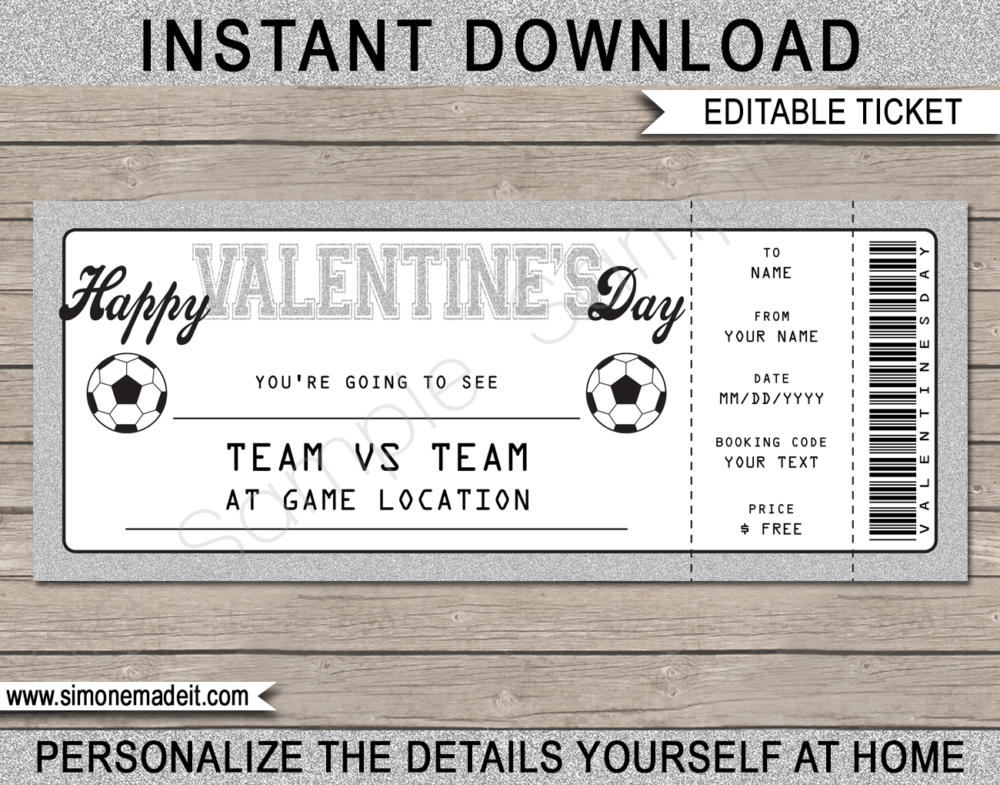 Valentine's Day Soccer Ticket Gift Voucher Template | Silver Glitter | Surprise Tickets to a Football Soccer Match | Football Gift Certificate | Valentine's Day present | DIY Editable & Printable Template | INSTANT DOWNLOAD via giftsbysimonemadeit.com #soccergifttickets #lastminutegift #ticketotthefootball