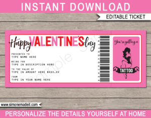 Printable Valentines Day Tattoo Gift Voucher Template | Valentines Day Gift Certificate | DIY Editable PDF template | Instant download via giftsbysimonemadeit.com