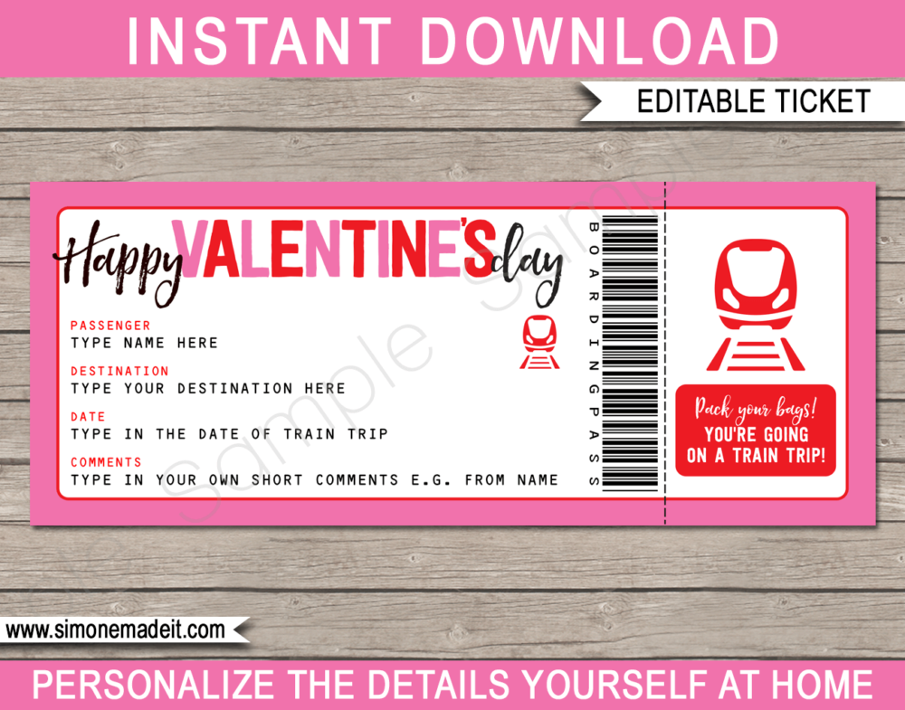 Printable Valentine's Day Train Ticket Gift Voucher Template | Surprise Train Trip Reveal | Faux Fake Train Boarding Pass | DIY Editable Template | INSTANT DOWNLOAD via giftsbysimonemadeit.com
