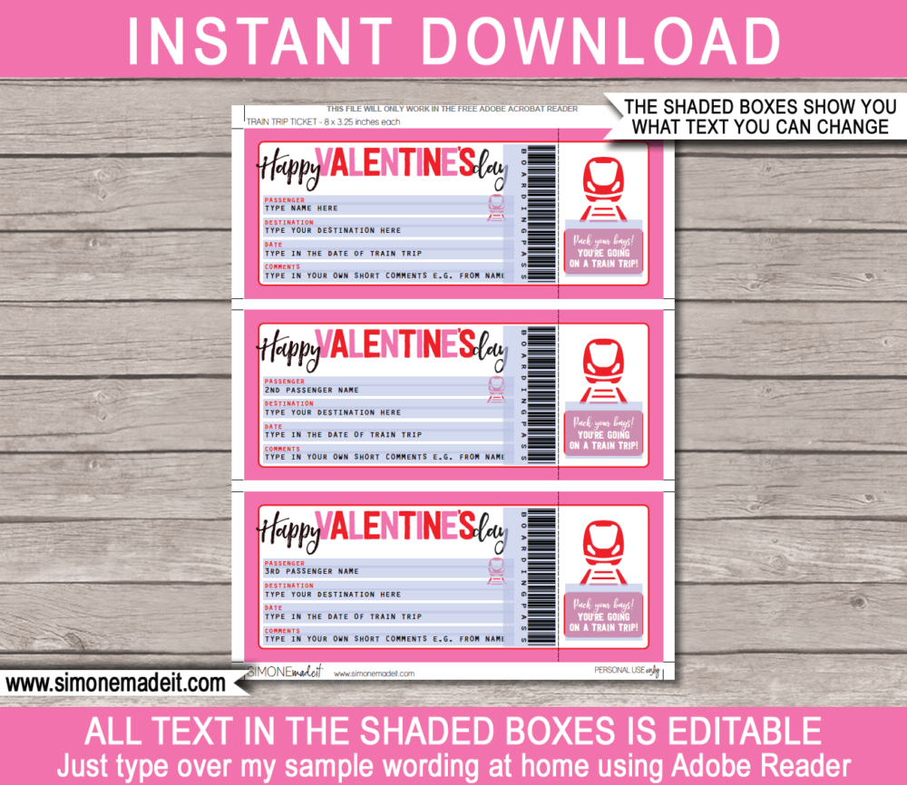 Printable Valentine's Day Train Ticket Gift Voucher Template | Surprise Train Trip Reveal | Faux Fake Train Boarding Pass | DIY Editable Template | INSTANT DOWNLOAD via giftsbysimonemadeit.com