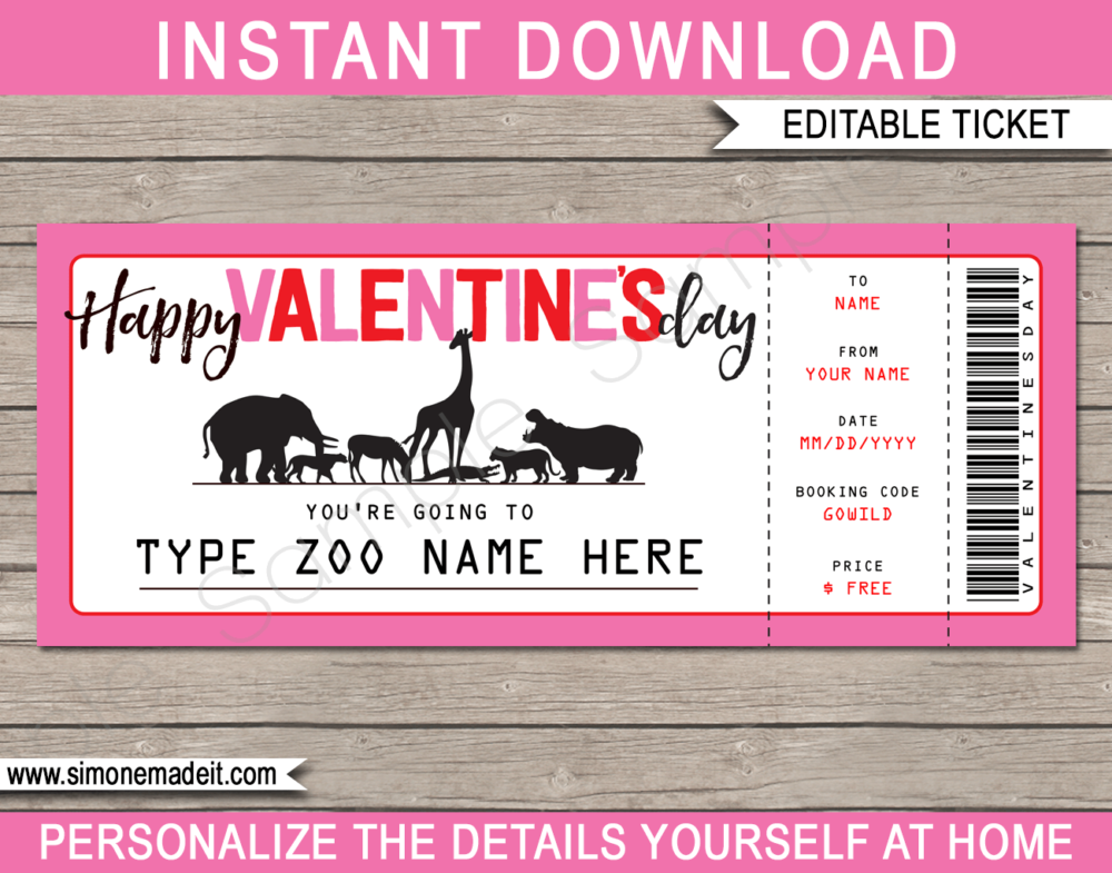Printable Valentine's Day Zoo Tickets Gift Voucher | Animal Safari Wildlife Park Tickets | Surprise Tickets to the Zoo | Fake Zoo Tickets | Valentines Day Present | DIY Editable & Printable Template | Instant Download via giftsbysimonemadeit.com