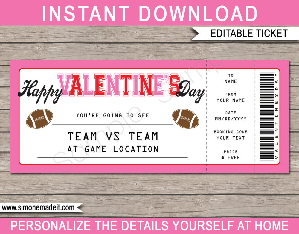 Football Game Ticket Valentine's Day Gift Voucher - Pink Red - Surprise tickets to a Football Game - Gift Certificate - Last Minute Present - DIY Editable & Printable Template | INSTANT DOWNLOAD via giftsbysimonemadeit.com #footballgiftticket #lastminutegift