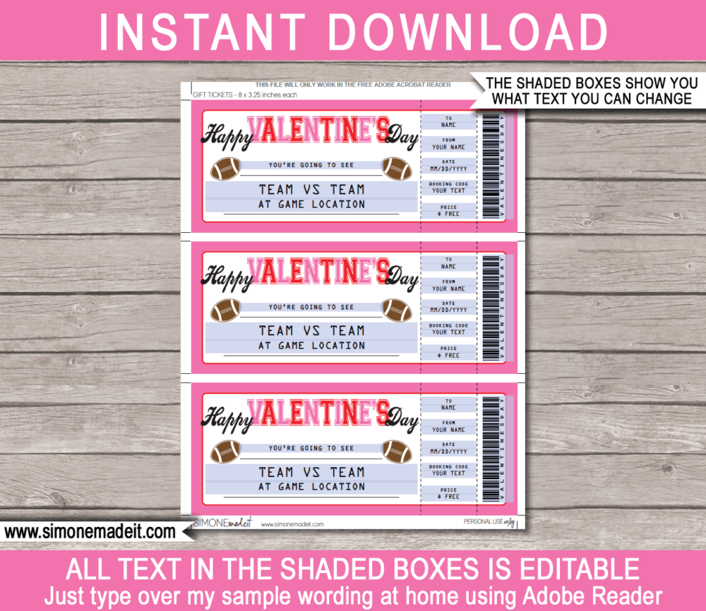 Football Game Ticket Valentine's Day Gift Voucher - Pink Red - Surprise tickets to a Football Game - Gift Certificate - Last Minute Present - DIY Editable & Printable Template | INSTANT DOWNLOAD via giftsbysimonemadeit.com #footballgiftticket #lastminutegift