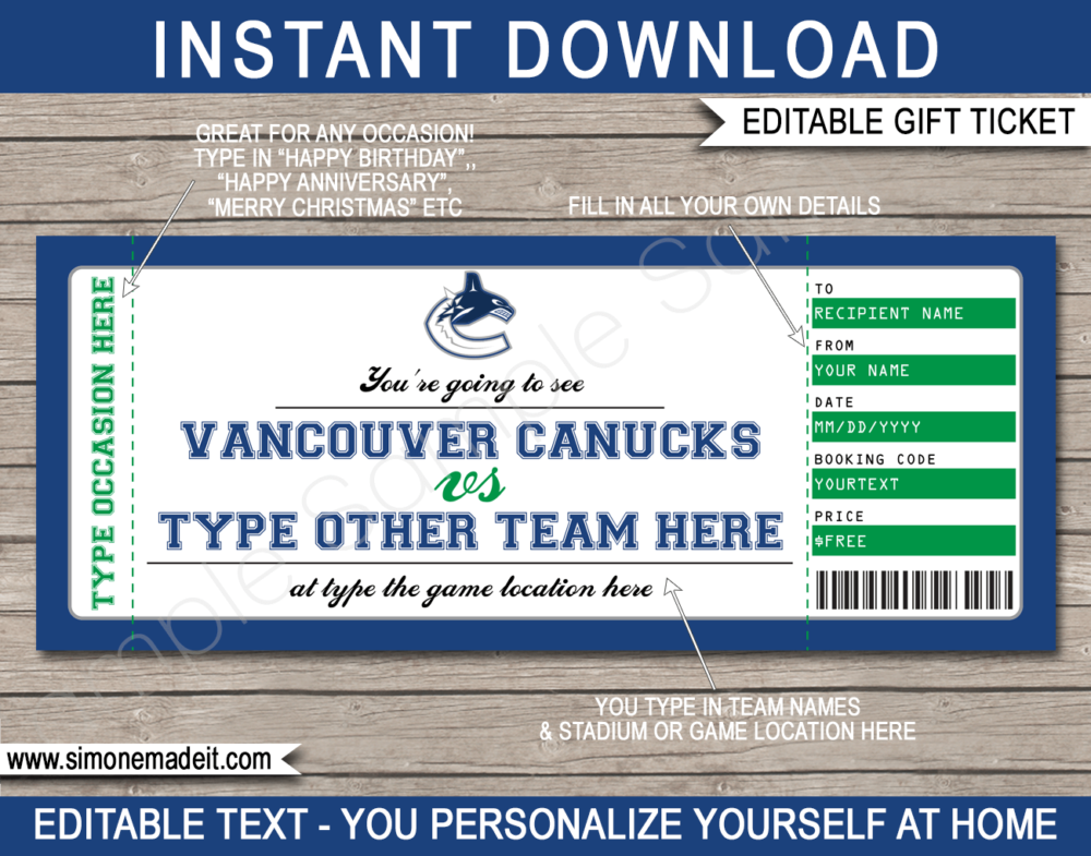 Printable Vancouver Canucks Game Ticket Gift Voucher Template | Printable Surprise NHL Hockey Tickets | Editable Text | Gift Certificate | Birthday, Christmas, Anniversary, Retirement, Graduation, Mother's Day, Father's Day, Congratulations, Valentine's Day | INSTANT DOWNLOAD via giftsbysimonemadeit.com