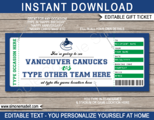 Printable Vancouver Canucks Game Ticket Gift Voucher Template | Printable Surprise NHL Hockey Tickets | Editable Text | Gift Certificate | Birthday, Christmas, Anniversary, Retirement, Graduation, Mother's Day, Father's Day, Congratulations, Valentine's Day | INSTANT DOWNLOAD via giftsbysimonemadeit.com