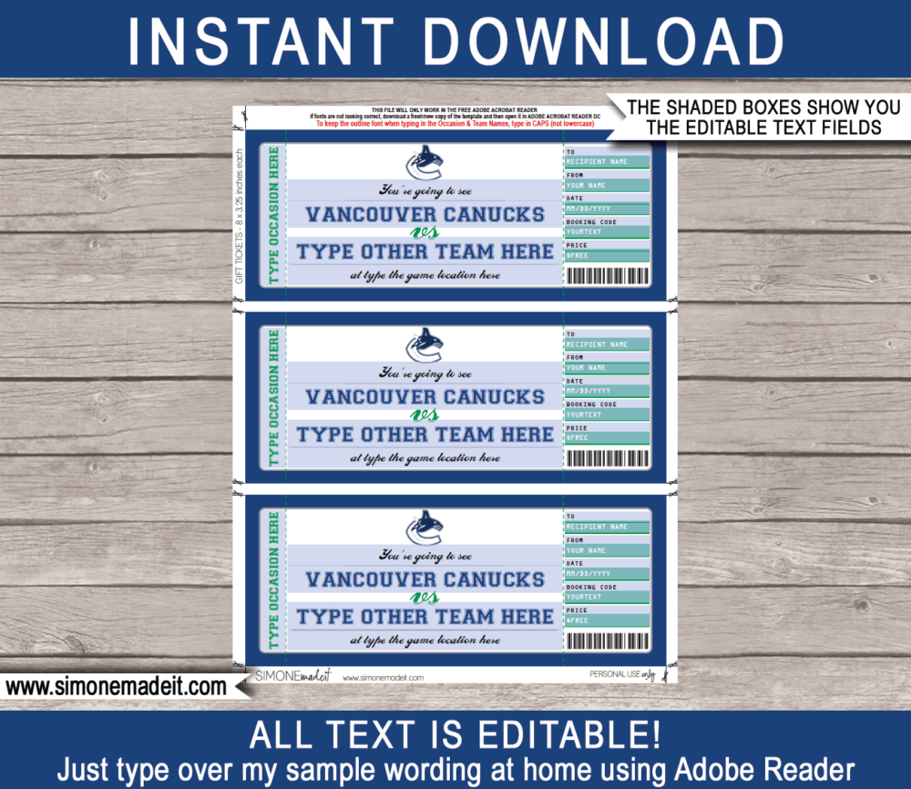 Printable Vancouver Canucks Game Ticket Gift Voucher Template | Printable Surprise NHL Hockey Tickets | Editable Text | Gift Certificate | Birthday, Christmas, Anniversary, Retirement, Graduation, Mother's Day, Father's Day, Congratulations, Valentine's Day | INSTANT DOWNLOAD via giftsbysimonemadeit.com