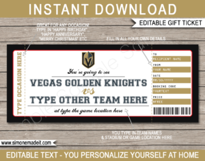 Printable Vegas Golden Knights Game Ticket Gift Voucher Template | Printable Surprise NHL Hockey Tickets | Editable Text | Gift Certificate | Birthday, Christmas, Anniversary, Retirement, Graduation, Mother's Day, Father's Day, Congratulations, Valentine's Day | INSTANT DOWNLOAD via giftsbysimonemadeit.com