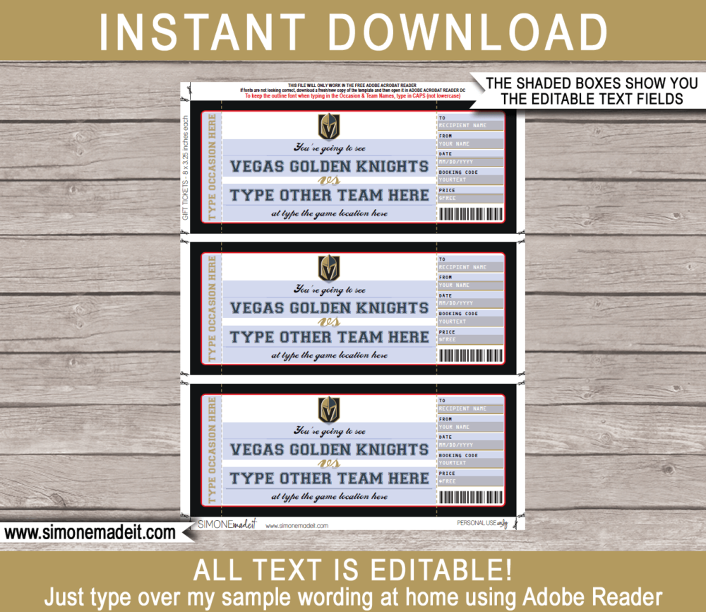 Printable Vegas Golden Knights Game Ticket Gift Voucher Template | Printable Surprise NHL Hockey Tickets | Editable Text | Gift Certificate | Birthday, Christmas, Anniversary, Retirement, Graduation, Mother's Day, Father's Day, Congratulations, Valentine's Day | INSTANT DOWNLOAD via giftsbysimonemadeit.com