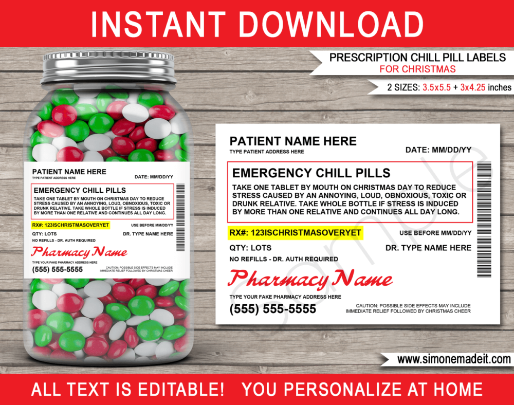 Printable Emergency Chill Pill Labels Christmas Prescription Gift Template | Fake Walgreens Pharmacy Rx Prescription Label |Jar of Emergency Chill Pills | Funny Gag Prank Gift | Friend, Family, Office, Co-worker, Boss, Doctor, Nurse, Pharmacist, Medical Practical Joke | INSTANT DOWNLOAD via giftsbysimonemadeit.com