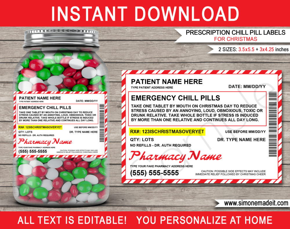 Printable fake Walgreens Prescription Christmas Chill Pill labels template | Faux Pharmacy Rx Prescription Label |Jar of Emergency Chill Pills | Funny Gag Prank Gift | Friend, Family, Office, Co-worker, Boss, Doctor, Nurse, Pharmacist, Medical Practical Joke | INSTANT DOWNLOAD via giftsbysimonemadeit.com