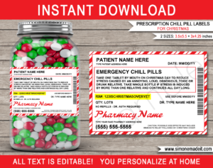 Printable fake Walgreens Prescription Christmas Chill Pill labels template | Faux Pharmacy Rx Prescription Label |Jar of Emergency Chill Pills | Funny Gag Prank Gift | Friend, Family, Office, Co-worker, Boss, Doctor, Nurse, Pharmacist, Medical Practical Joke | INSTANT DOWNLOAD via giftsbysimonemadeit.com