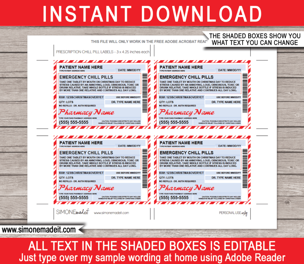 Printable Prescription Christmas Chill Pill labels Template | Fake Walgreens Pharmacy Rx Prescription Label |Jar of Emergency Chill Pills | Funny Gag Prank Gift | Friend, Family, Office, Co-worker, Boss, Doctor, Nurse, Pharmacist, Medical Practical Joke | INSTANT DOWNLOAD via giftsbysimonemadeit.com