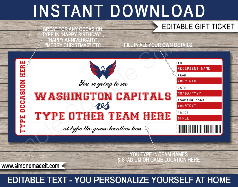 Printable Washington Capitals Game Ticket Gift Voucher Template | Printable Surprise NHL Hockey Tickets | Editable Text | Gift Certificate | Birthday, Christmas, Anniversary, Retirement, Graduation, Mother's Day, Father's Day, Congratulations, Valentine's Day | INSTANT DOWNLOAD via giftsbysimonemadeit.com