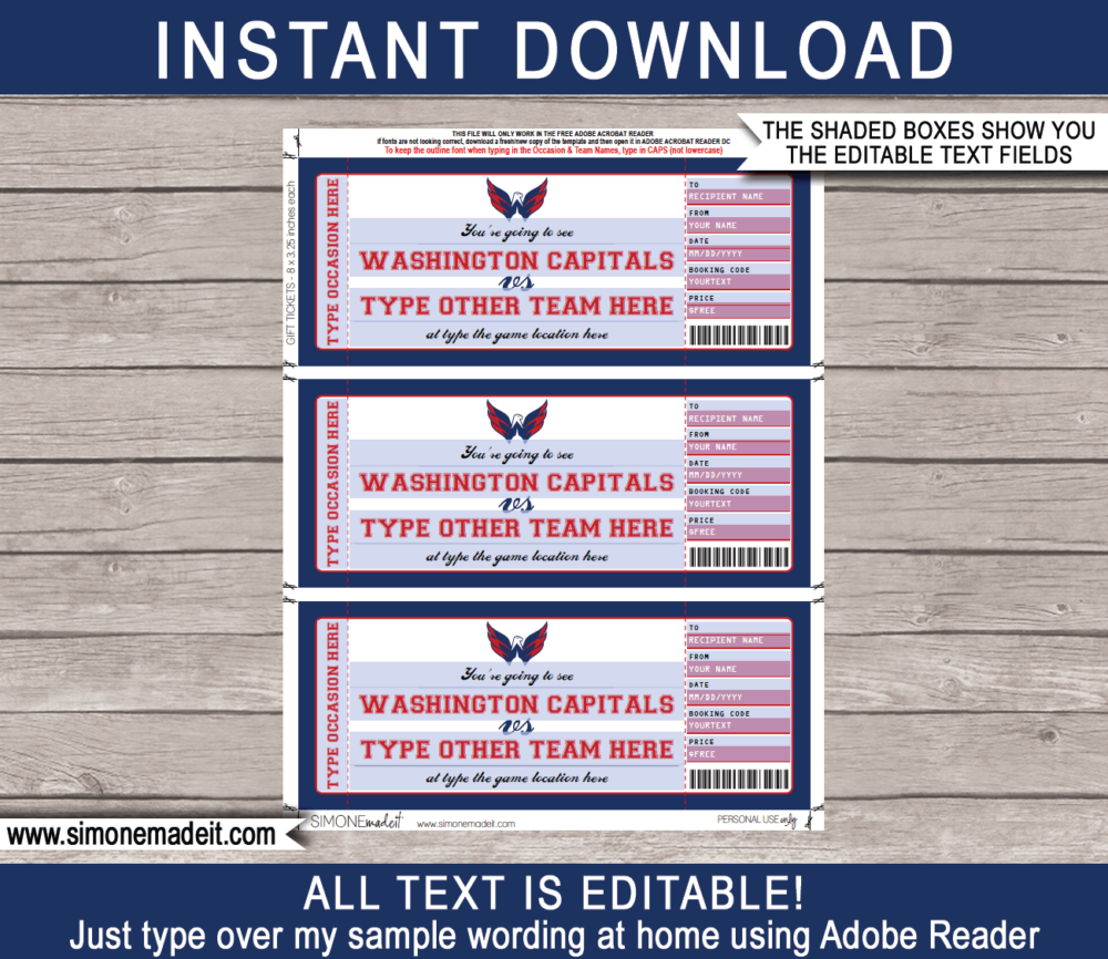 Printable Washington Capitals Game Ticket Gift Voucher Template | Printable Surprise NHL Hockey Tickets | Editable Text | Gift Certificate | Birthday, Christmas, Anniversary, Retirement, Graduation, Mother's Day, Father's Day, Congratulations, Valentine's Day | INSTANT DOWNLOAD via giftsbysimonemadeit.com