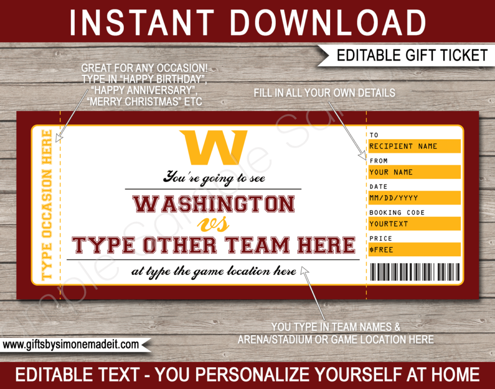 Printable Washington Football Team Game Ticket Gift Voucher Template | Surprise tickets to a Washington Redskins Game | Editable Text | Gift Certificate | Birthday, Christmas, Anniversary, Retirement, Graduation, Mother's Day, Father's Day, Congratulations, Valentine's Day | INSTANT DOWNLOAD via giftsbysimonemadeit.com