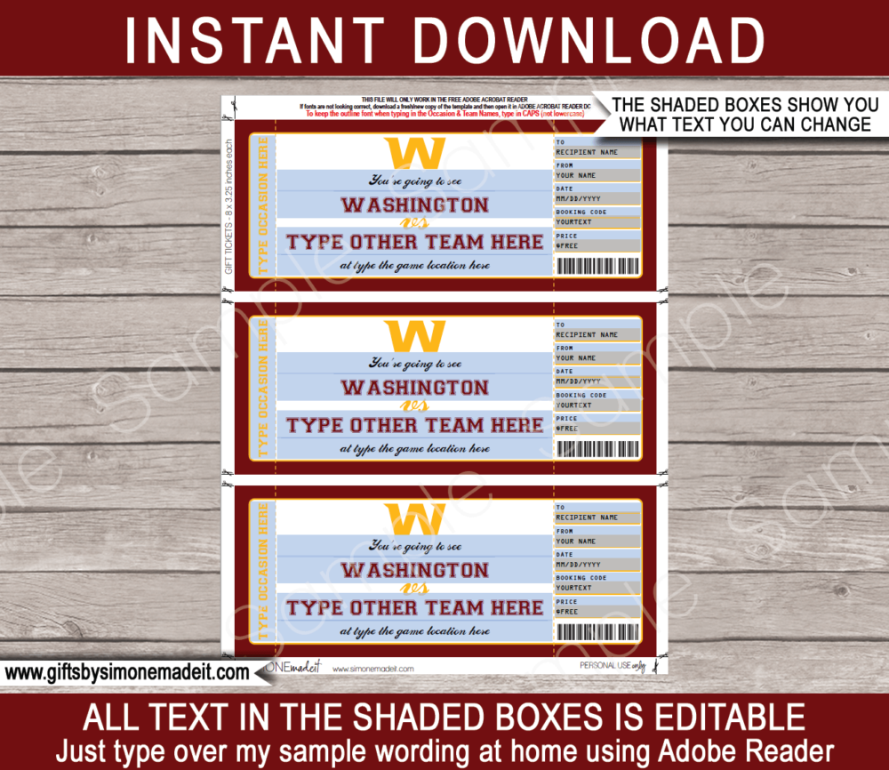 Printable Washington Redskins Game Ticket Gift Voucher Template | Surprise tickets to a Washington Redskins Game | Editable Text | Gift Certificate | Birthday, Christmas, Anniversary, Retirement, Graduation, Mother's Day, Father's Day, Congratulations, Valentine's Day | INSTANT DOWNLOAD via giftsbysimonemadeit.com