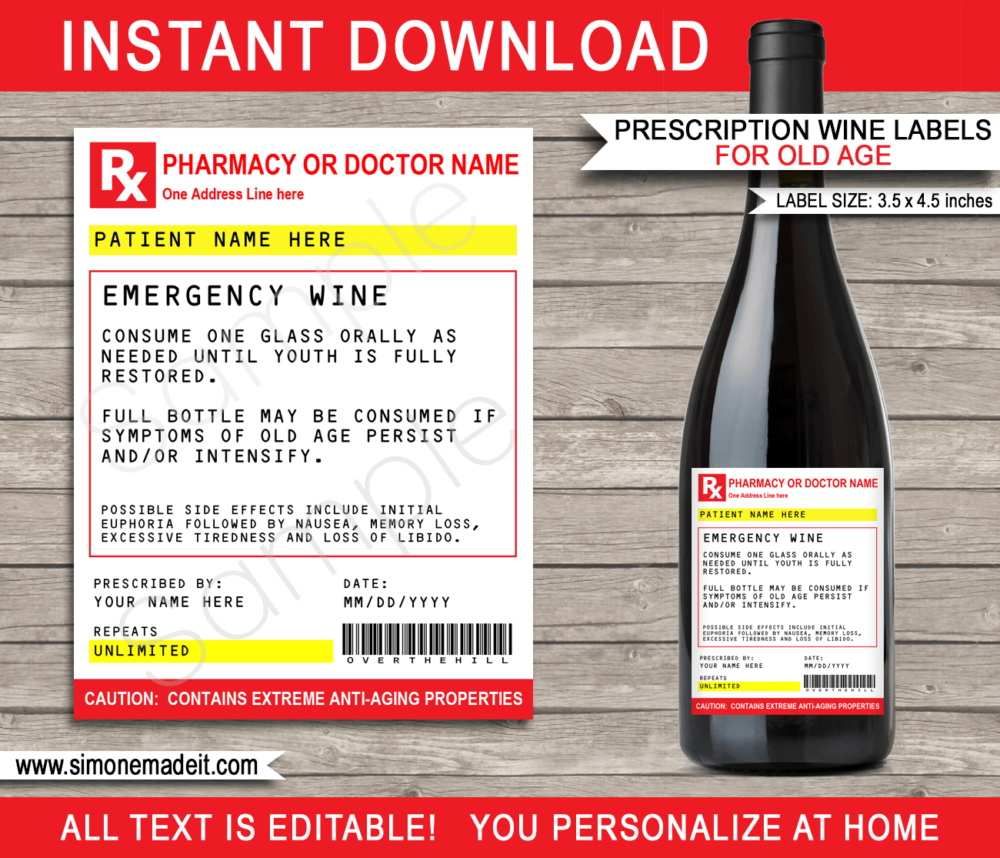 Printable Old Age Prescription Wine Labels template | Birthday Party Gift | Funny Gag Gift | Over the Hill | Practical Joke | Doctor, Nurse, Pharmacist or Medical Gift | Emergency Wine | 40th 50th 60th 70th Birthday Gift | DIY Fake Pharmacy Rx Prescription Label | INSTANT DOWNLOAD via giftsbysimonemadeit.com