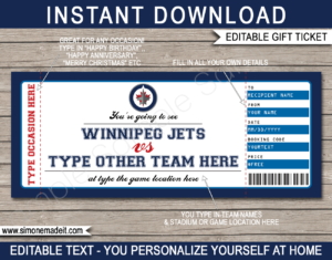 Printable Winnipeg Jets Game Ticket Gift Voucher Template | Printable Surprise NHL Hockey Tickets | Editable Text | Gift Certificate | Birthday, Christmas, Anniversary, Retirement, Graduation, Mother's Day, Father's Day, Congratulations, Valentine's Day | INSTANT DOWNLOAD via giftsbysimonemadeit.com