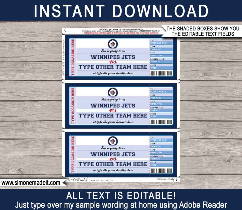 Printable Winnipeg Jets Game Ticket Gift Voucher Template | Printable Surprise NHL Hockey Tickets | Editable Text | Gift Certificate | Birthday, Christmas, Anniversary, Retirement, Graduation, Mother's Day, Father's Day, Congratulations, Valentine's Day | INSTANT DOWNLOAD via giftsbysimonemadeit.com