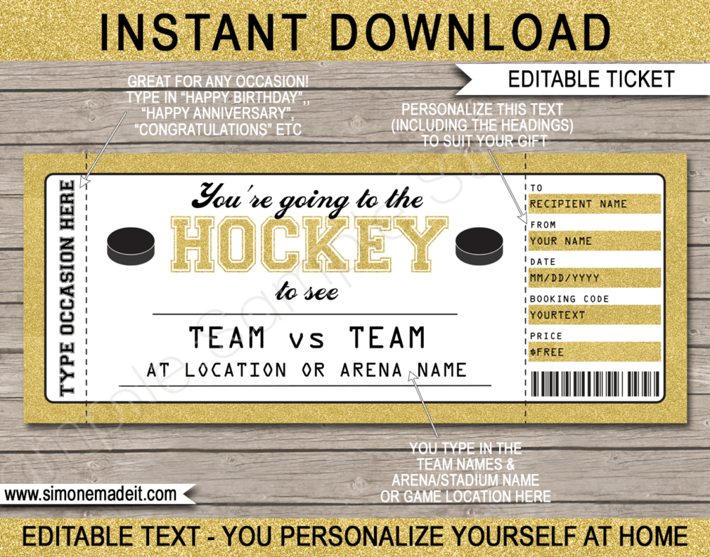 Gold Printable Surprise Hockey Game Ticket Gift Voucher Template | Surprise Tickets to a Hockey Game | Gift Certificate | Birthday, Anniversary, Shower, Christmas, Hanukkah, Retirement etc | INSTANT DOWNLOAD via giftsbysimonemadeit.com