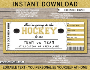 Gold Printable Surprise Hockey Game Ticket Gift Voucher Template | Surprise Tickets to a Hockey Game | Gift Certificate | Birthday, Anniversary, Shower, Christmas, Hanukkah, Retirement etc | INSTANT DOWNLOAD via giftsbysimonemadeit.com
