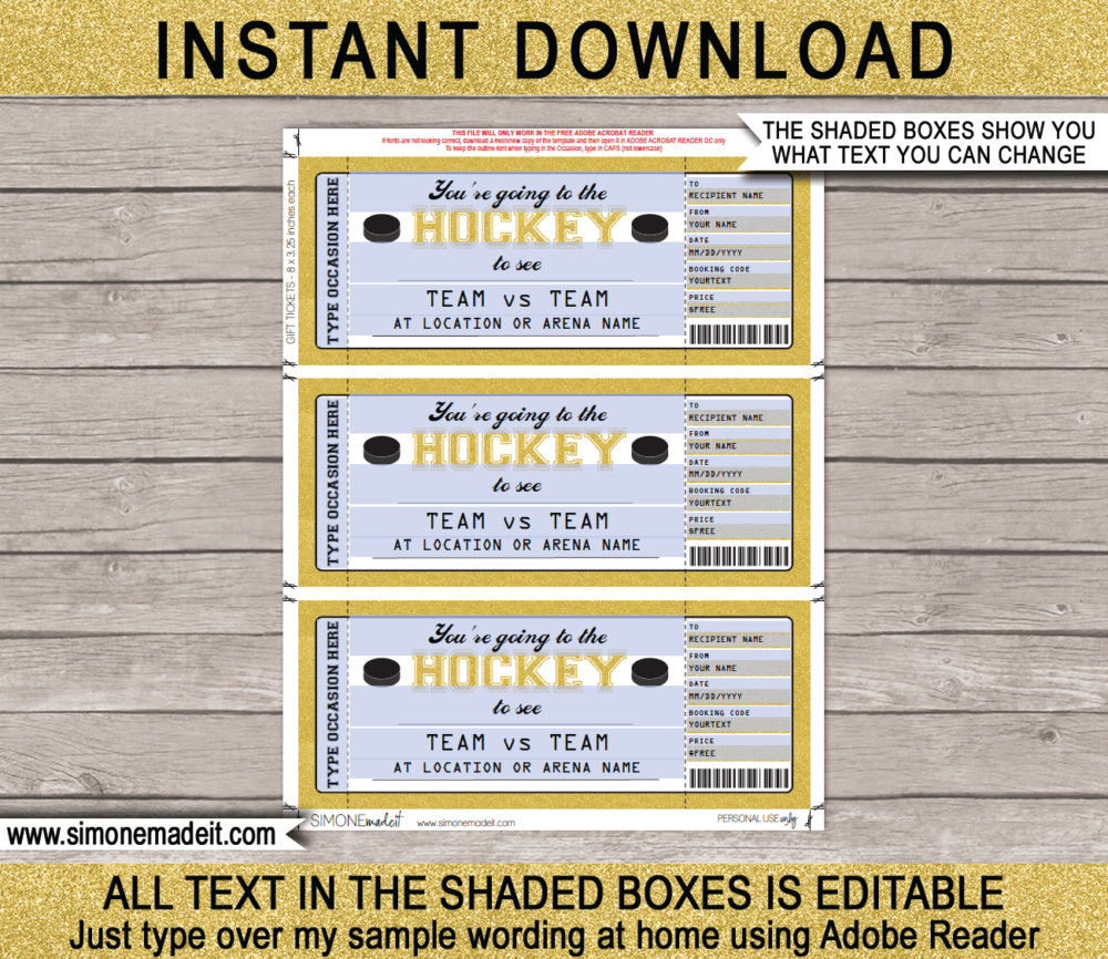 Editable Surprise Hockey Game Ticket Gift Voucher Template | Surprise Tickets to a Hockey Game | Gift Certificate | Birthday, Anniversary, Shower, Christmas, Hanukkah, Retirement etc | INSTANT DOWNLOAD via giftsbysimonemadeit.com