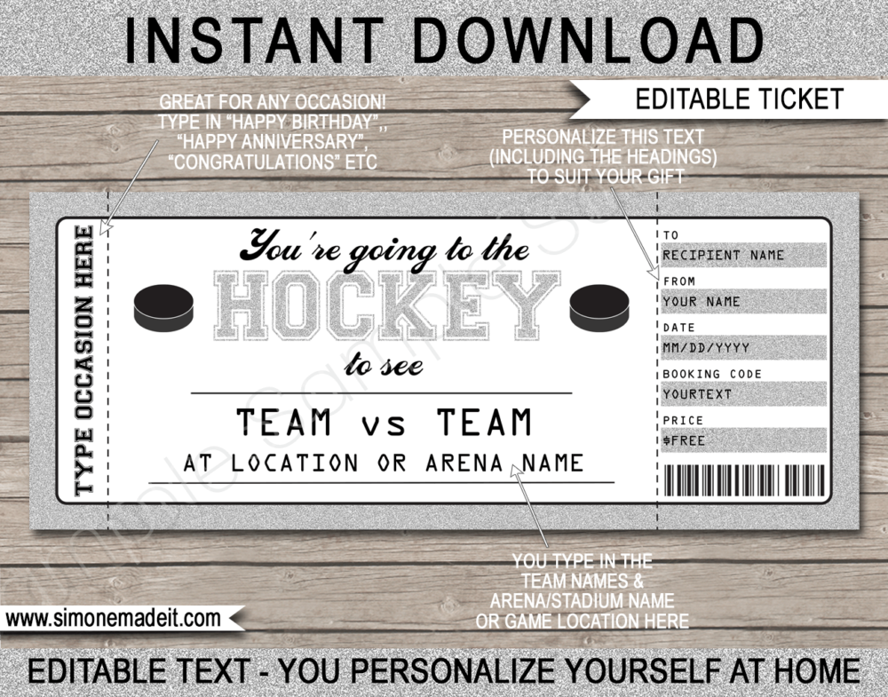 Printable Surprise Hockey Game Ticket Gift Voucher Template | Surprise Tickets to a Hockey Game | Gift Certificate | Birthday, Anniversary, Shower, Christmas, Hanukkah, Retirement etc | INSTANT DOWNLOAD via giftsbysimonemadeit.com