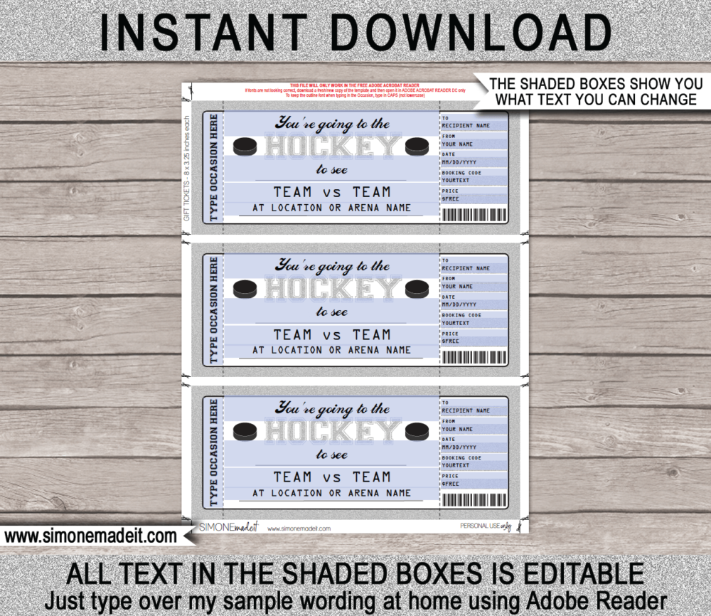 Surprise Hockey Game Ticket Gift Voucher Template | Surprise Tickets to a Hockey Game | Gift Certificate | Birthday, Anniversary, Shower, Christmas, Hanukkah, Retirement etc | INSTANT DOWNLOAD via giftsbysimonemadeit.com