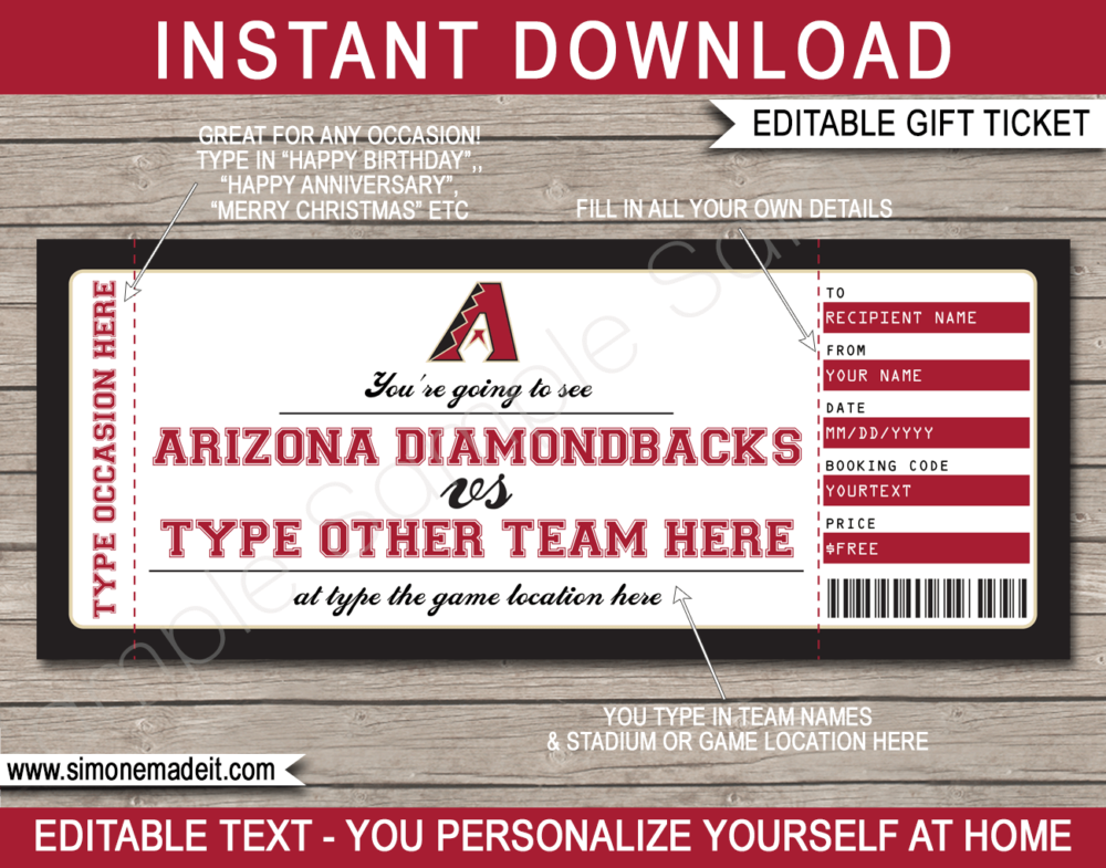 Printable Arizona Diamondbacks Game Ticket Gift Voucher Template | Printable Surprise MLB Baseball Tickets | Editable Text | Gift Certificate | Birthday, Christmas, Anniversary, Retirement, Graduation, Mother's Day, Father's Day, Congratulations, Valentine's Day | INSTANT DOWNLOAD via giftsbysimonemadeit.com