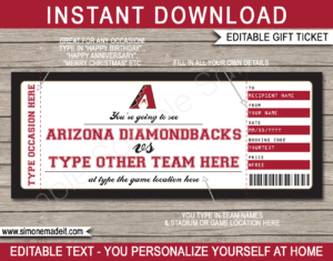 Printable Arizona Diamondbacks Game Ticket Gift Voucher Template | Printable Surprise MLB Baseball Tickets | Editable Text | Gift Certificate | Birthday, Christmas, Anniversary, Retirement, Graduation, Mother's Day, Father's Day, Congratulations, Valentine's Day | INSTANT DOWNLOAD via giftsbysimonemadeit.com