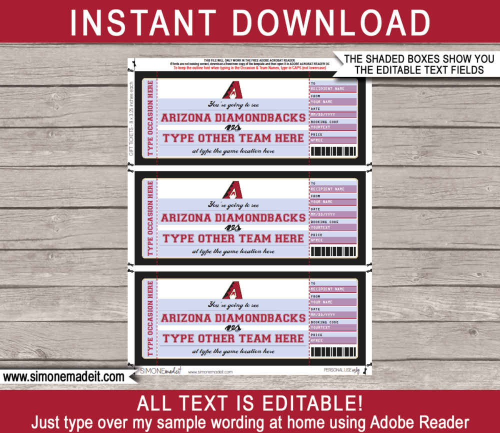 Editable Arizona Diamondbacks Game Ticket Gift Voucher Template | Printable Surprise MLB Baseball Tickets | Editable Text | Gift Certificate | Birthday, Christmas, Anniversary, Retirement, Graduation, Mother's Day, Father's Day, Congratulations, Valentine's Day | INSTANT DOWNLOAD via giftsbysimonemadeit.com