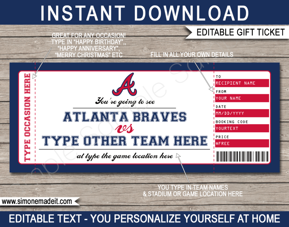 Printable Atlanta Braves Game Ticket Gift Voucher Template | Printable Surprise MLB Baseball Tickets | Editable Text | Gift Certificate | Birthday, Christmas, Anniversary, Retirement, Graduation, Mother's Day, Father's Day, Congratulations, Valentine's Day | INSTANT DOWNLOAD via giftsbysimonemadeit.com