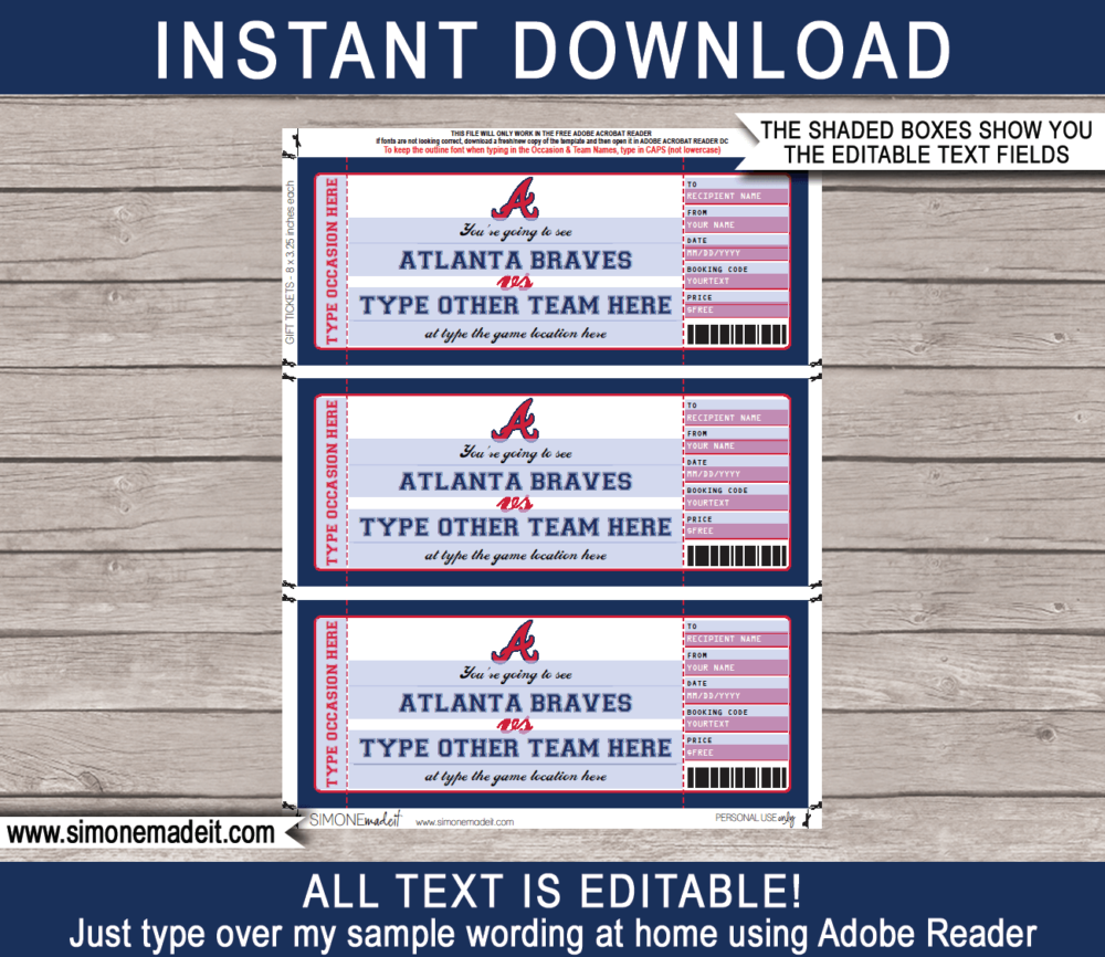 Editable Atlanta Braves Game Ticket Gift Voucher Template | Printable Surprise MLB Baseball Tickets | Editable Text | Gift Certificate | Birthday, Christmas, Anniversary, Retirement, Graduation, Mother's Day, Father's Day, Congratulations, Valentine's Day | INSTANT DOWNLOAD via giftsbysimonemadeit.com
