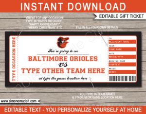 Printable Baltimore Orioles Game Ticket Gift Voucher Template | Printable Surprise MLB Baseball Tickets | Editable Text | Gift Certificate | Birthday, Christmas, Anniversary, Retirement, Graduation, Mother's Day, Father's Day, Congratulations, Valentine's Day | INSTANT DOWNLOAD via giftsbysimonemadeit.com
