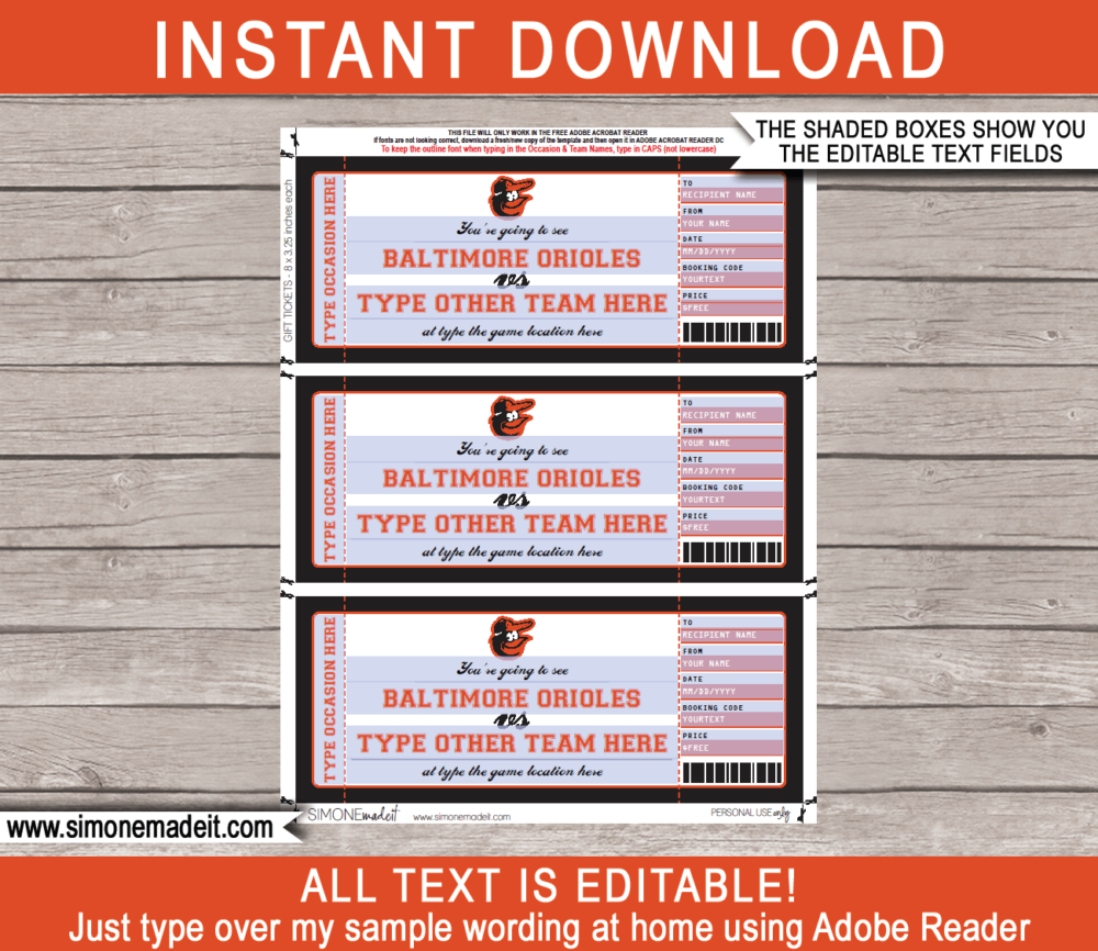 Editable Baltimore Orioles Game Ticket Gift Voucher Template | Printable Surprise MLB Baseball Tickets | Editable Text | Gift Certificate | Birthday, Christmas, Anniversary, Retirement, Graduation, Mother's Day, Father's Day, Congratulations, Valentine's Day | INSTANT DOWNLOAD via giftsbysimonemadeit.com