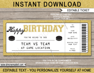 Hockey Game Ticket Birthday Gift Voucher Template - Surprise tickets to a Hockey Game - Gift Certificate - Birthday present - DIY Editable & Printable Template | INSTANT DOWNLOAD via giftsbysimonemadeit.com #hockeygifttickets #lastminutegift #ticketotthehockey