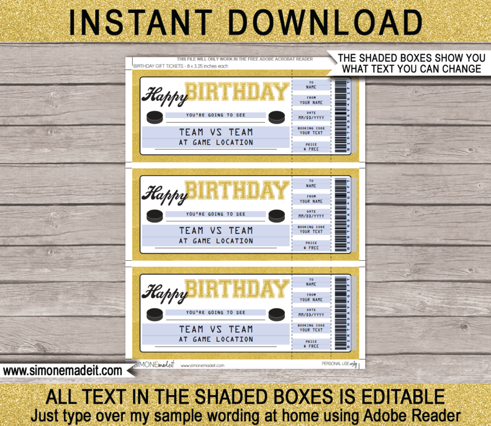 Gold Hockey Game Ticket Birthday Gift Voucher Template - Surprise tickets to a Hockey Game - Gift Certificate - Birthday present - DIY Editable & Printable Template | INSTANT DOWNLOAD via giftsbysimonemadeit.com #hockeygifttickets #lastminutegift #ticketotthehockey