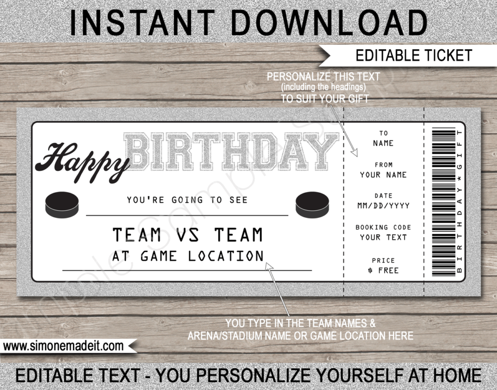 Printable Hockey Game Ticket Birthday Gift Voucher Template - Surprise tickets to a Hockey Game - Gift Certificate - Birthday present - DIY Editable & Printable Template | INSTANT DOWNLOAD via giftsbysimonemadeit.com #hockeygifttickets #lastminutegift #ticketotthehockey