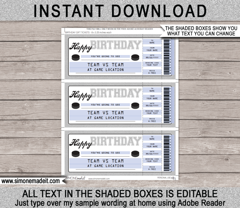 Printable Hockey Game Ticket Birthday Gift Voucher Template - Surprise tickets to a Hockey Game - Gift Certificate - Birthday present - DIY Editable & Printable Template | INSTANT DOWNLOAD via giftsbysimonemadeit.com #hockeygifttickets #lastminutegift #ticketotthehockey
