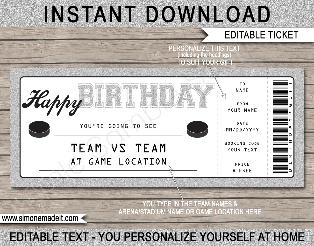 Hockey Game Ticket Birthday Gift Voucher | Printable Ticket Template