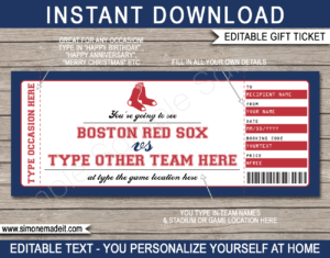 Printable Boston Red Sox Game Ticket Gift Voucher Template | Printable Surprise MLB Baseball Tickets | Editable Text | Gift Certificate | Birthday, Christmas, Anniversary, Retirement, Graduation, Mother's Day, Father's Day, Congratulations, Valentine's Day | INSTANT DOWNLOAD via giftsbysimonemadeit.com