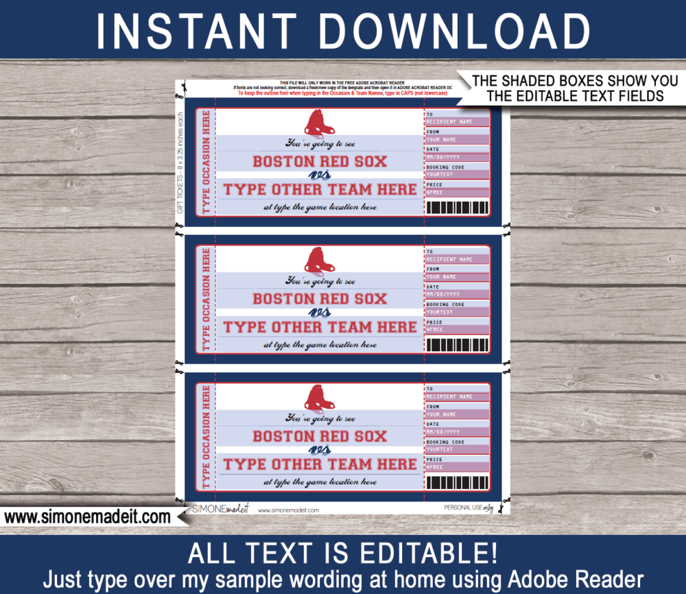 Editable Boston Red Sox Game Ticket Gift Voucher Template | Printable Surprise MLB Baseball Tickets | Editable Text | Gift Certificate | Birthday, Christmas, Anniversary, Retirement, Graduation, Mother's Day, Father's Day, Congratulations, Valentine's Day | INSTANT DOWNLOAD via giftsbysimonemadeit.com