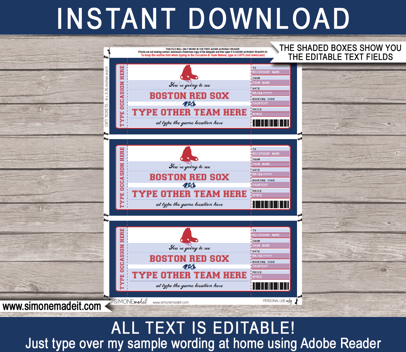 Boston Red Sox Game Ticket Gift Voucher Printable Surprise Baseball Tickets