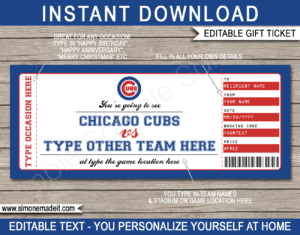 Printable Chicago Cubs Game Ticket Gift Voucher Template | Printable Surprise MLB Baseball Tickets | Editable Text | Gift Certificate | Birthday, Christmas, Anniversary, Retirement, Graduation, Mother's Day, Father's Day, Congratulations, Valentine's Day | INSTANT DOWNLOAD via giftsbysimonemadeit.com