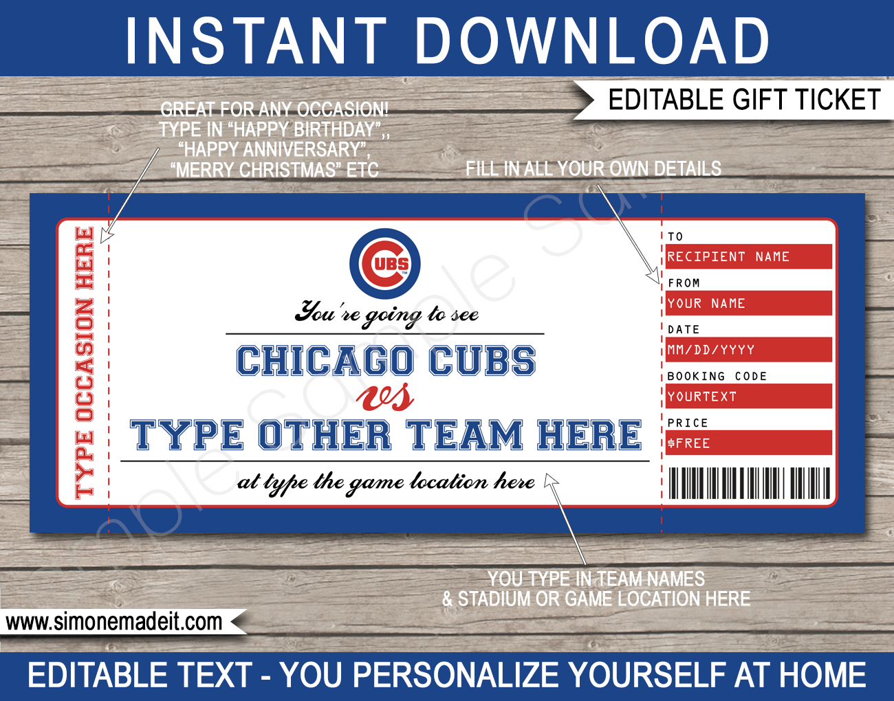 chicago cubs game ticket gift voucher printable surprise baseball tickets