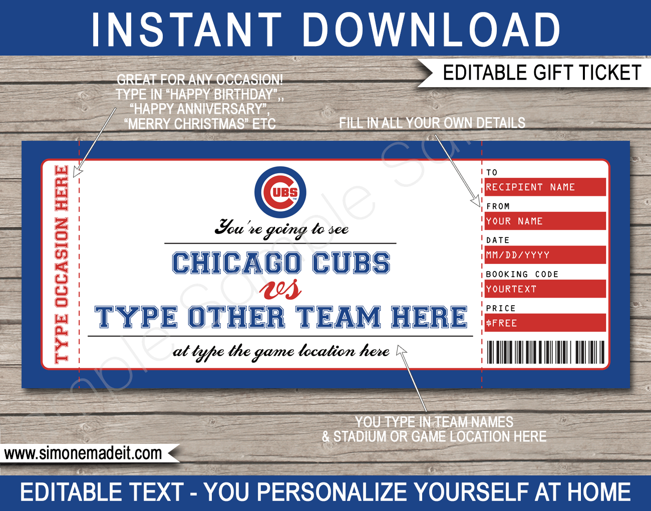 Chicago Cubs Game Ticket Gift Voucher Printable Surprise Baseball Tickets