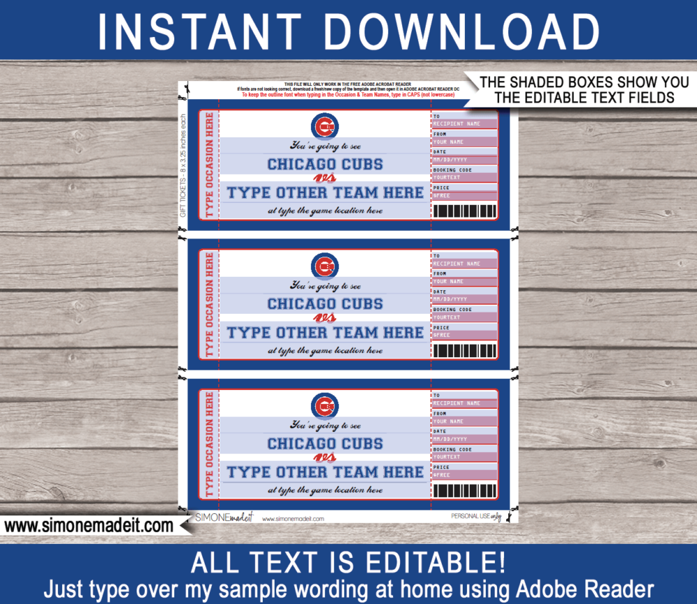 Editable Chicago Cubs Game Ticket Gift Voucher Template | Printable Surprise MLB Baseball Tickets | Editable Text | Gift Certificate | Birthday, Christmas, Anniversary, Retirement, Graduation, Mother's Day, Father's Day, Congratulations, Valentine's Day | INSTANT DOWNLOAD via giftsbysimonemadeit.com