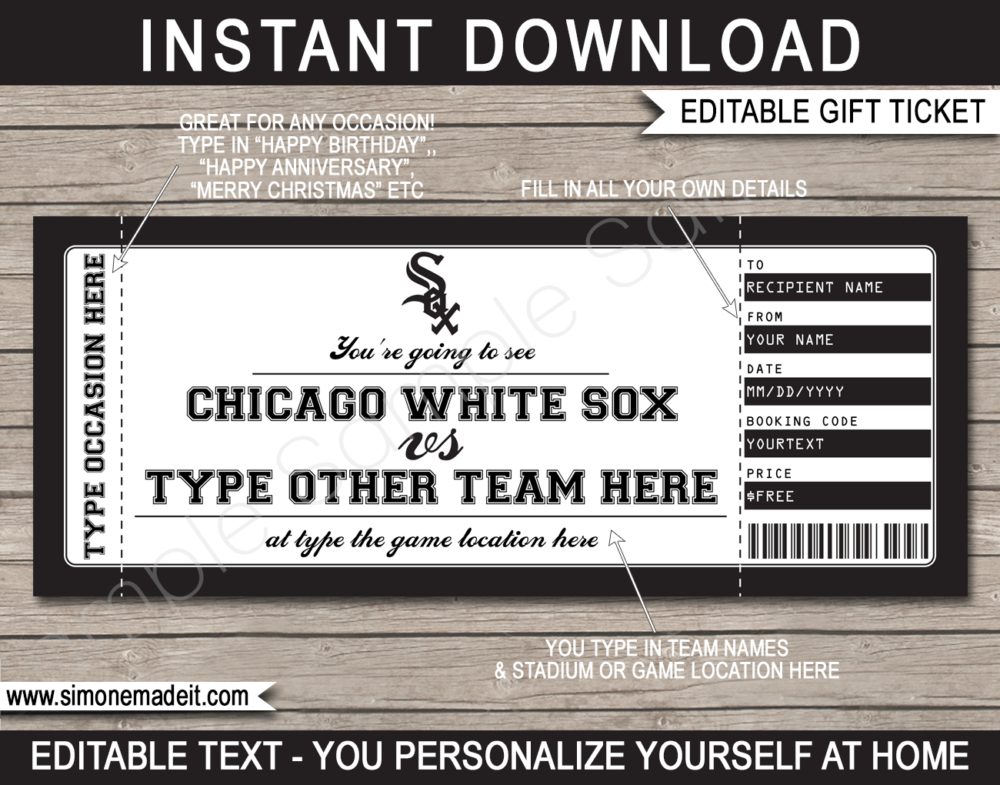 Printable Chicago White Sox Game Ticket Gift Voucher Template | Printable Surprise MLB Baseball Tickets | Editable Text | Gift Certificate | Birthday, Christmas, Anniversary, Retirement, Graduation, Mother's Day, Father's Day, Congratulations, Valentine's Day | INSTANT DOWNLOAD via giftsbysimonemadeit.com