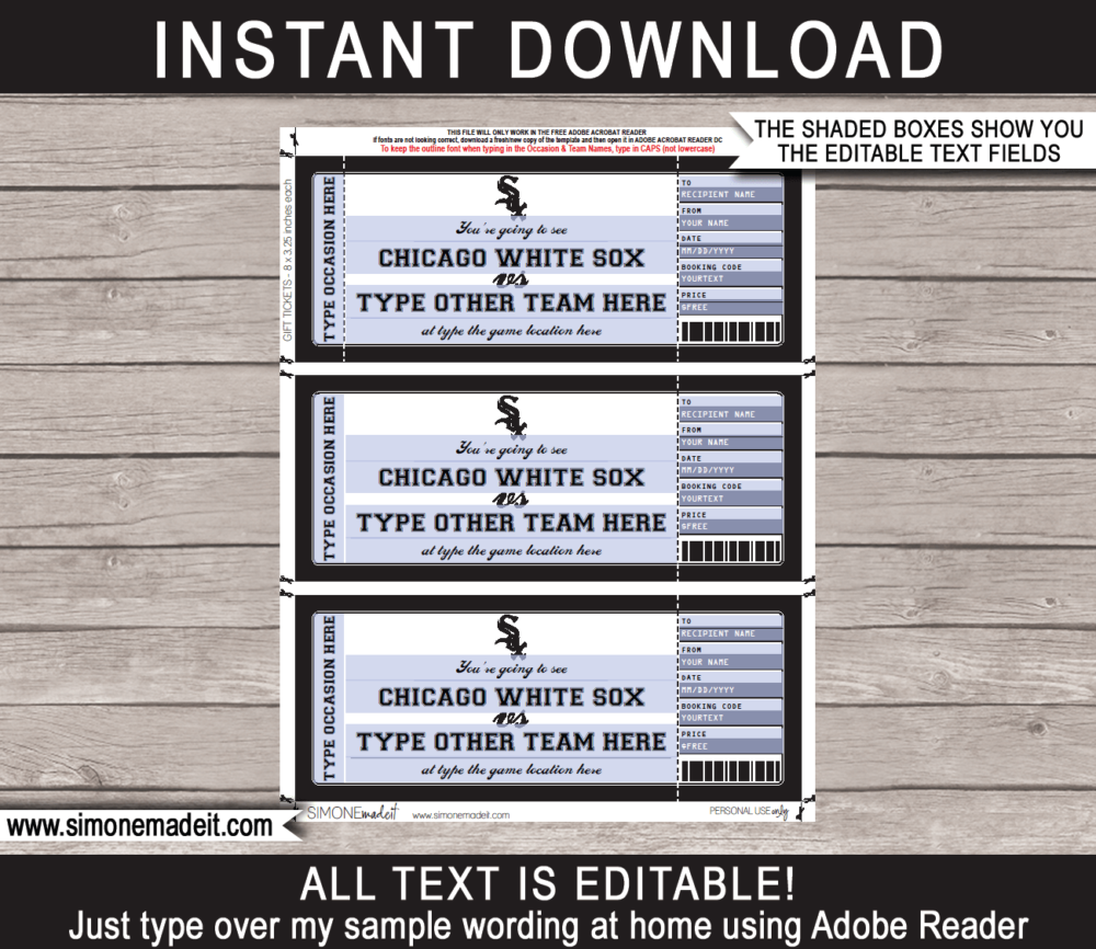 Printable Chicago White Sox Game Ticket Gift Voucher Template | Printable Surprise MLB Baseball Tickets | Editable Text | Gift Certificate | Birthday, Christmas, Anniversary, Retirement, Graduation, Mother's Day, Father's Day, Congratulations, Valentine's Day | INSTANT DOWNLOAD via giftsbysimonemadeit.com