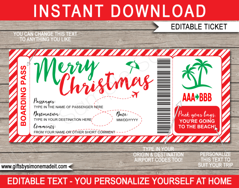 Printable Christmas Beach Holiday Boarding Pass Gift Template | Flight, Getaway, Holiday, Vacation to the beach | Fake Plane Ticket | Surprise Beach Trip Reveal | Christmas Present | DIY Editable Template | Instant Download via giftsbysimonemadeit.com